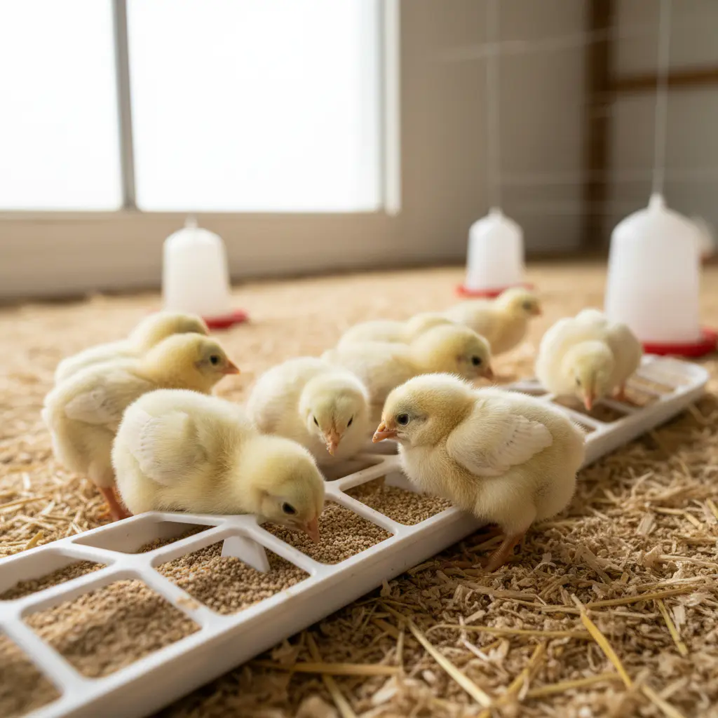 Day old chicks eating starter feed